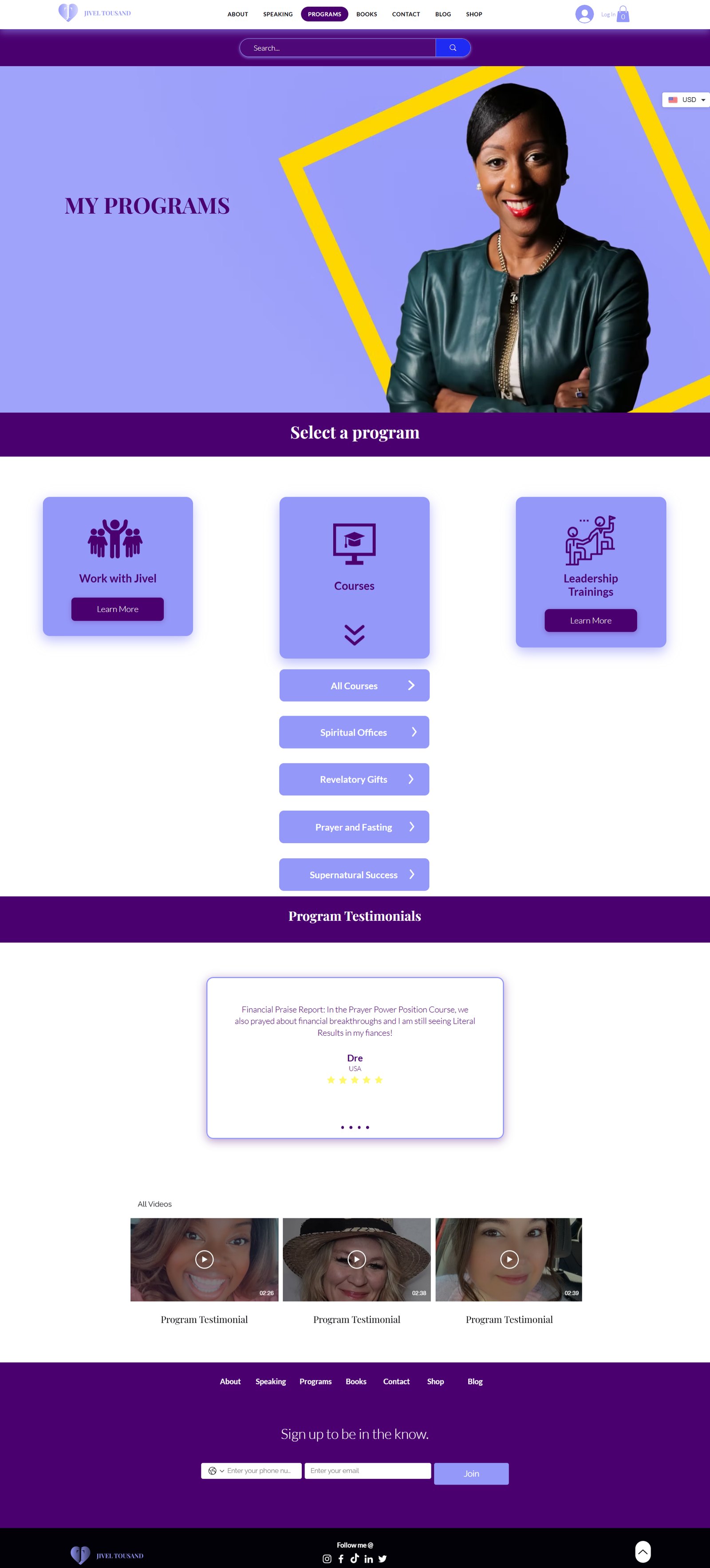 The Jivel Tousand programmes page, training programmes laid out on a consistent card system